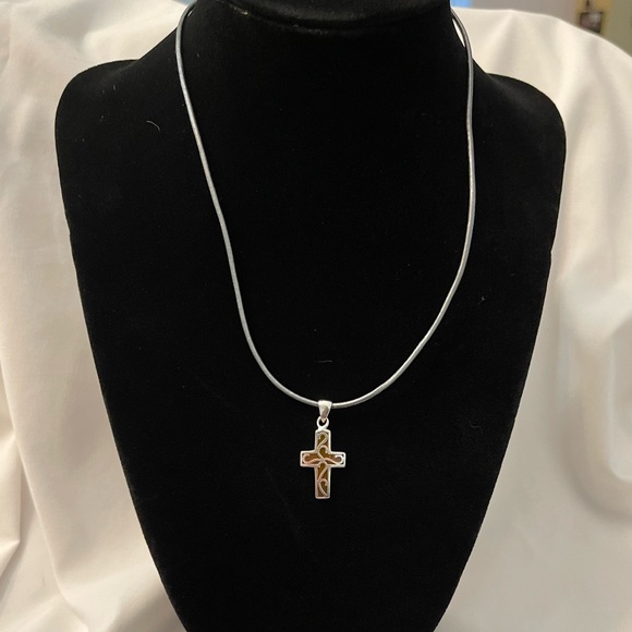 Silver Crystal Cross and Pink tone and Leather Chord 15" Necklace - Picture 2 of 4